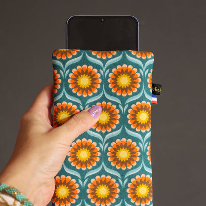 Housse chaussette tournesols tous téléphones tissu fleurs sur fond bleu pétrole taille au choix étui portable élastique jaune