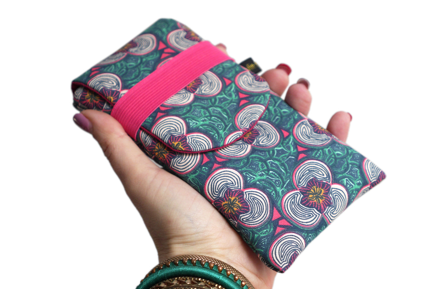 Housse rabat tous téléphones Samsung S22 / S22+, iPhone 14 Pro / 14 Pro Max, taille au choix fleurs coloré fond bleu vert