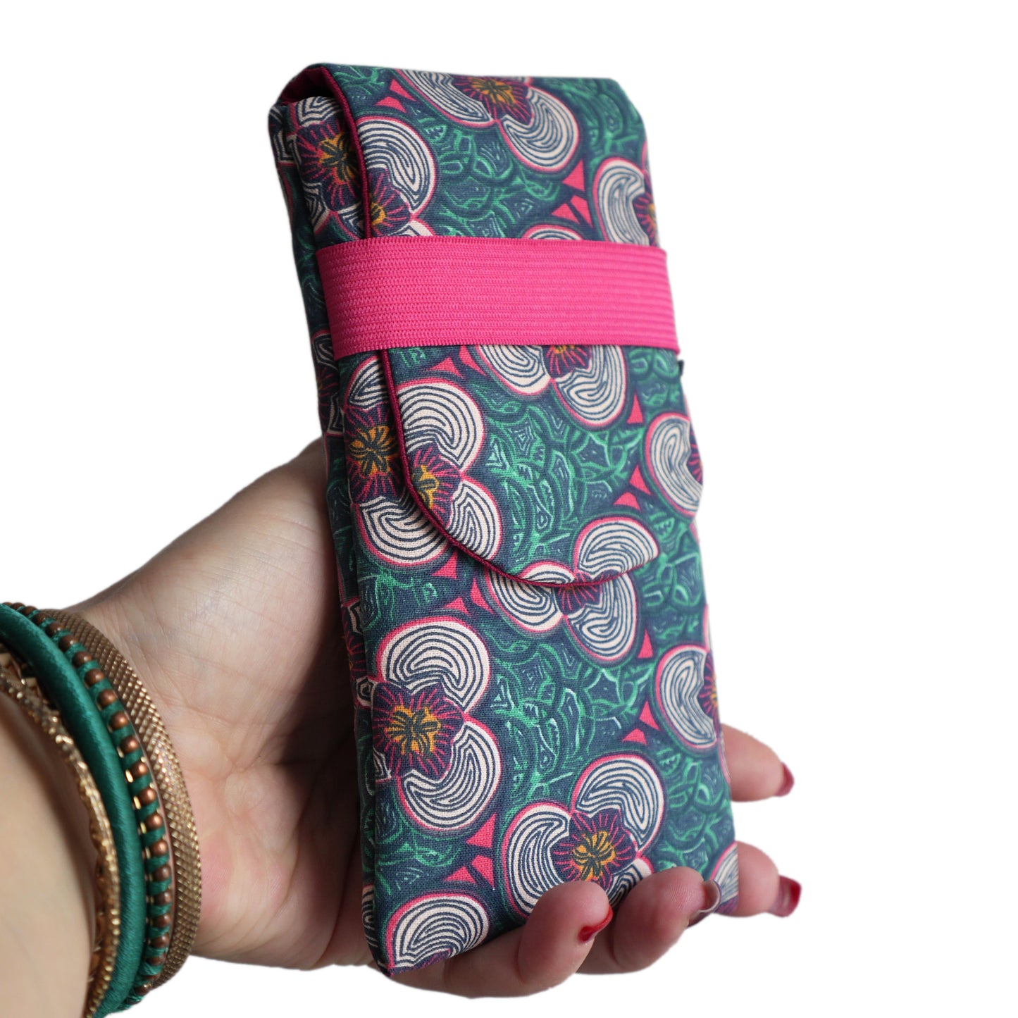 Housse rabat tous téléphones Samsung S22 / S22+, iPhone 14 Pro / 14 Pro Max, taille au choix fleurs coloré fond bleu vert