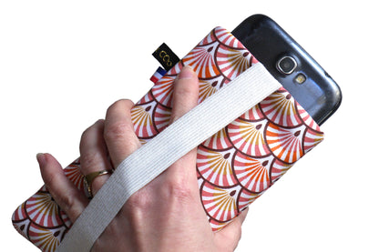 Housse tous téléphone imperméable chaussette Samsung S24 / S24+, iPhone 15 Pro / 15 Pro Max, taille au choix éventails japonais vieux rose orange élastique or