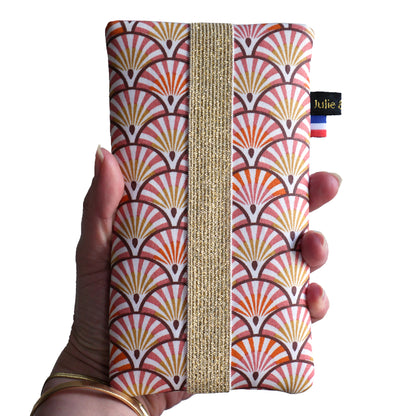 Housse tous téléphone imperméable chaussette Samsung S24 / S24+, iPhone 15 Pro / 15 Pro Max, taille au choix éventails japonais vieux rose orange élastique or