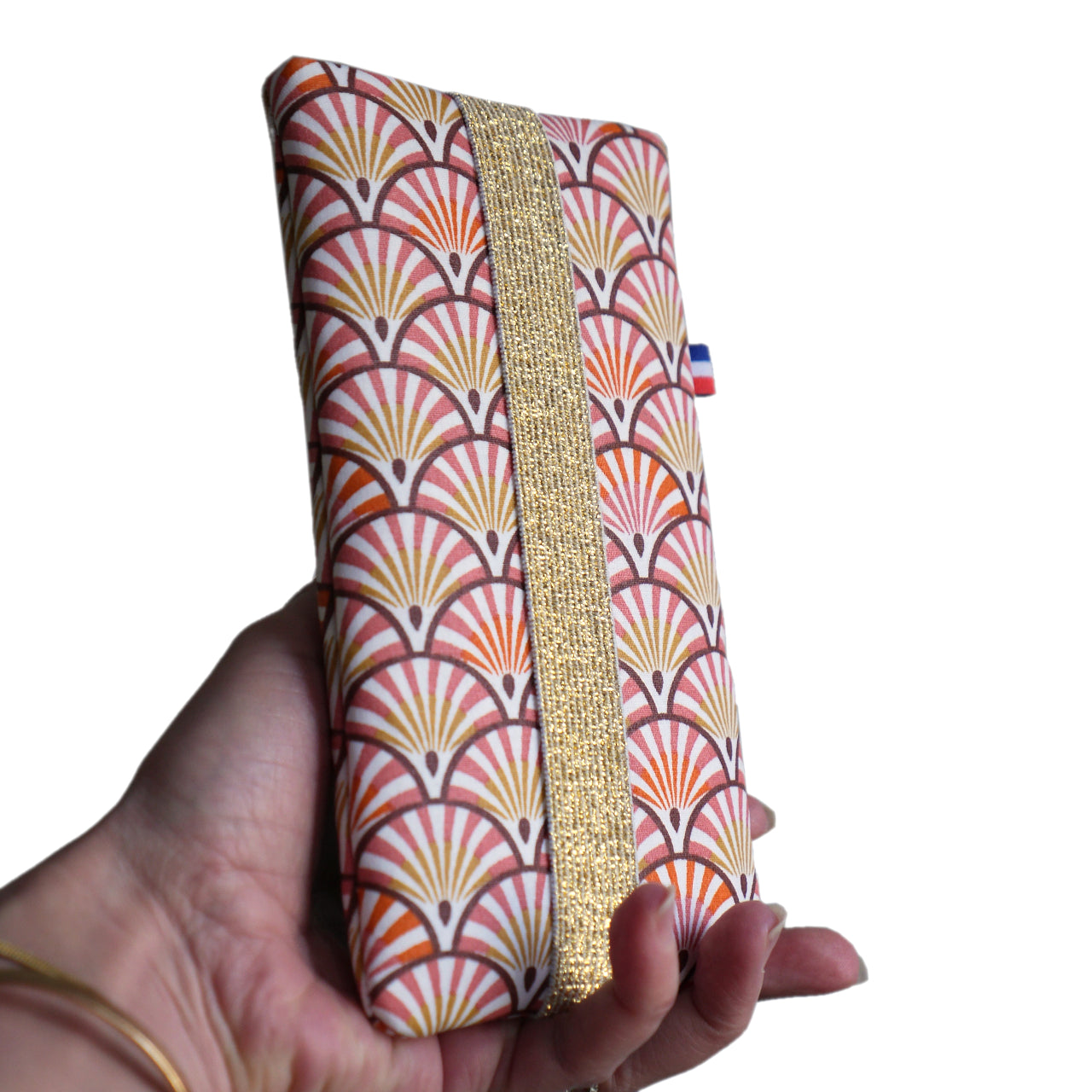 Housse tous téléphone imperméable chaussette Samsung S24 / S24+, iPhone 15 Pro / 15 Pro Max, taille au choix éventails japonais vieux rose orange élastique or