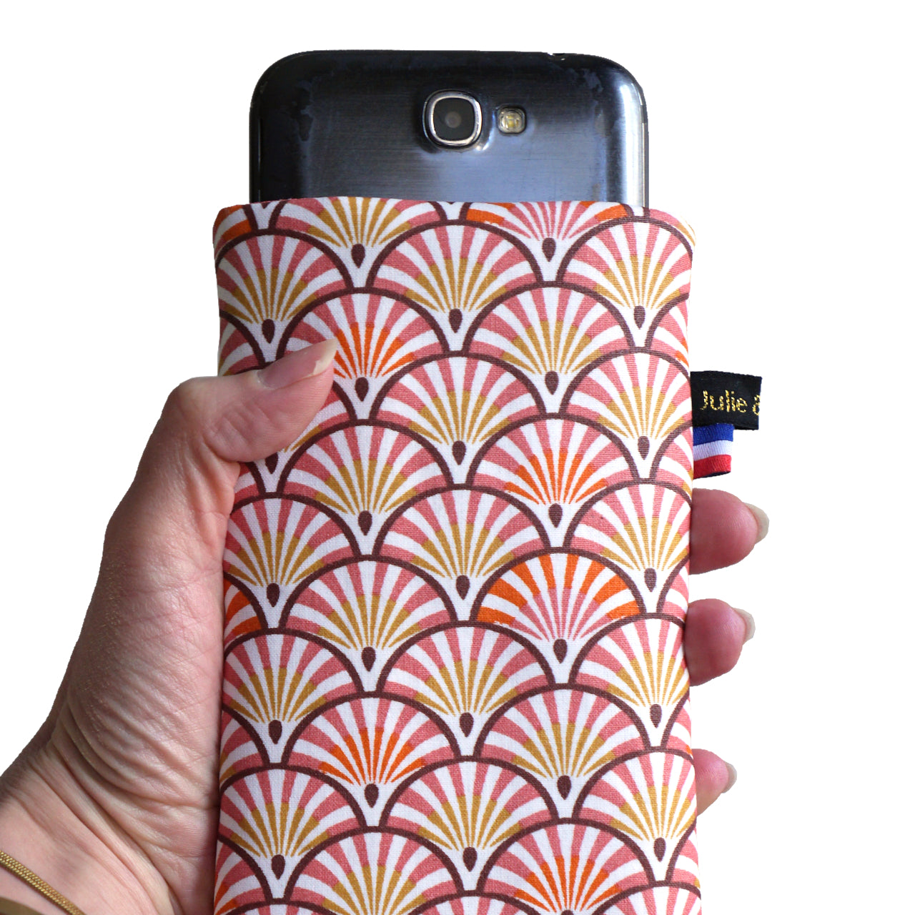 Housse tous téléphone imperméable chaussette Samsung S24 / S24+, iPhone 15 Pro / 15 Pro Max, taille au choix éventails japonais vieux rose orange élastique or