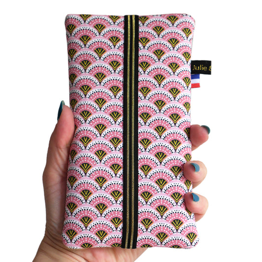 Housse chaussette tous téléphones tissu graphique éventails japonais roses élastique noir et or iPhone, Samsung…