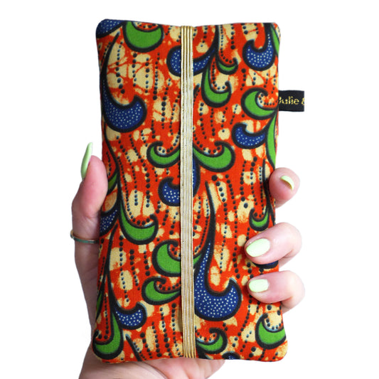 Housse iPhone 15 / 15 Pro Max, Samsung S23 / S23+ tous téléphones taille au choix tissu wax coton vagues orange bleu marine élastique or