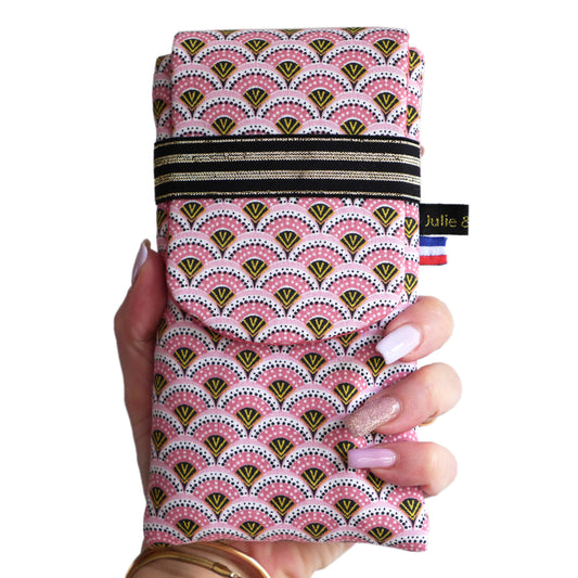 Housse rabat tous téléphones iPhone 15 Pro/15 Pro Max, Samsung S24/S24+ taille au choix tissu graphique éventails japonais roses élastique noir et or