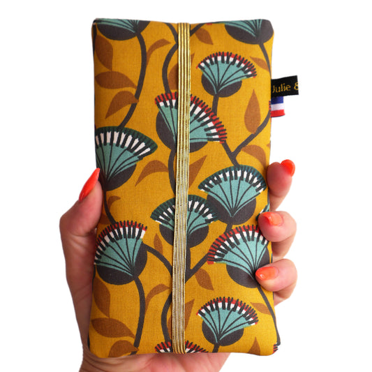 Housse tous téléphones tissu enduit imperméable rigide fleurs fond jaune taille au choix élastique doré