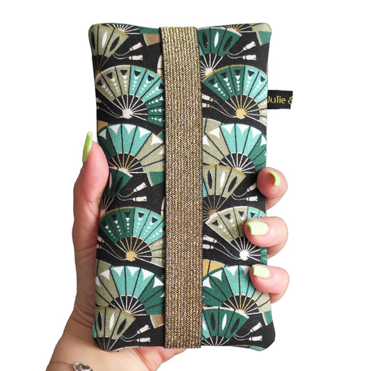 Housse téléphone portable tissu japonais gros éventails bleu vert noir taille au choix