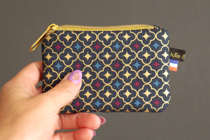 Mini porte-monnaie, porte-cartes zippé en tissu motifs graphiques trèfles dorés bleu marine