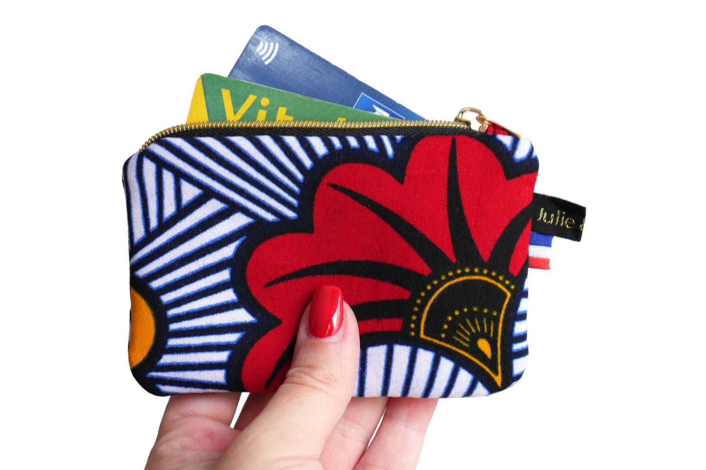 Mini porte-monnaie en tissu wax fleurs de mariage rouge et jaune