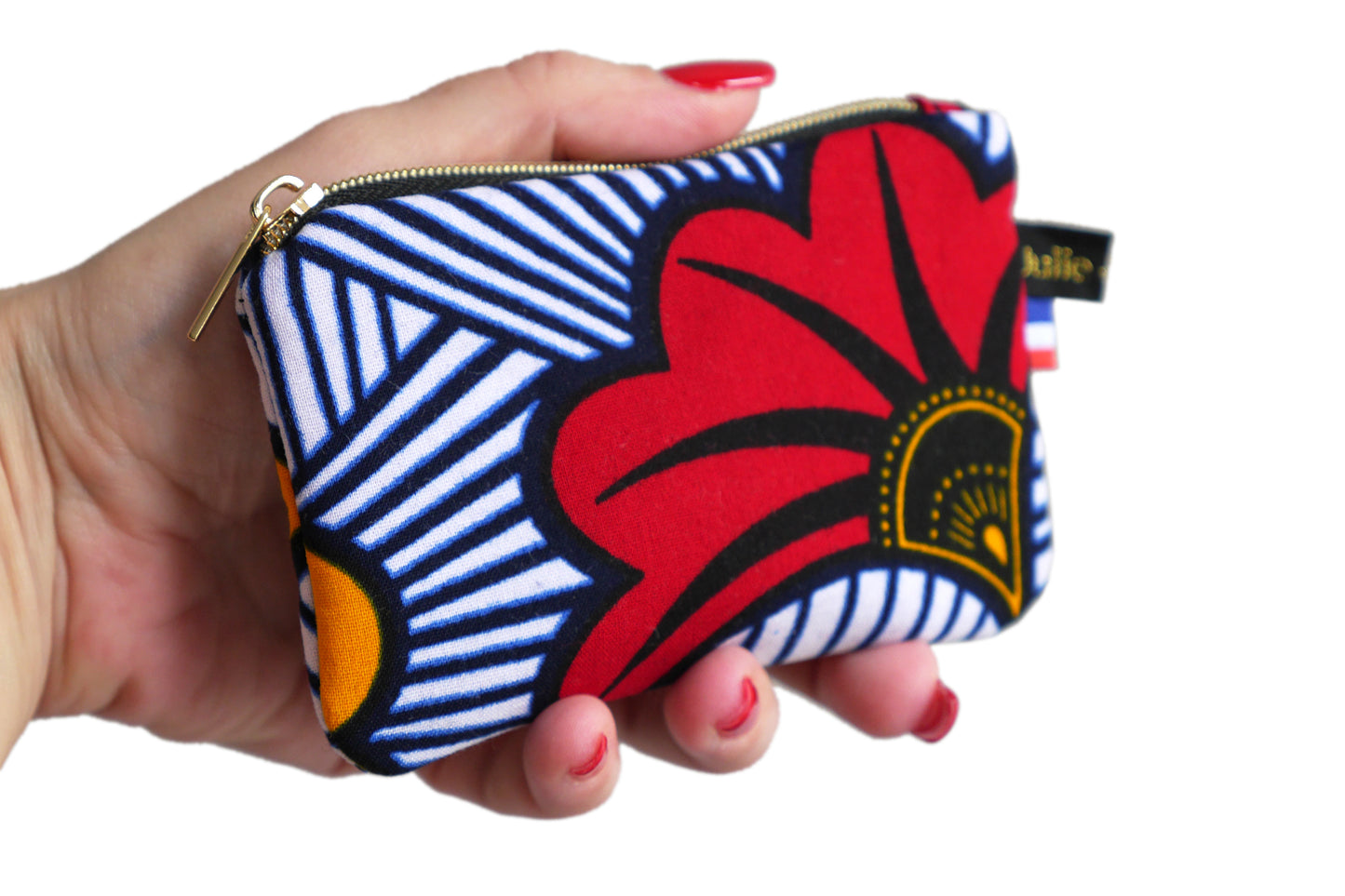 Mini porte-monnaie en tissu wax fleurs de mariage rouge et jaune