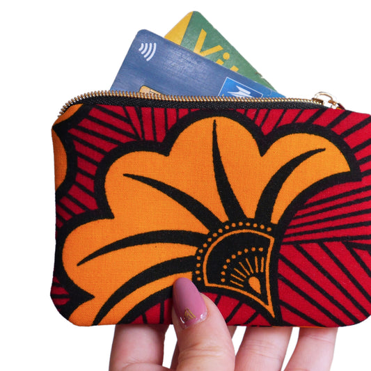 Mini porte-monnaie en tissu wax fleurs de mariage rouge et orange