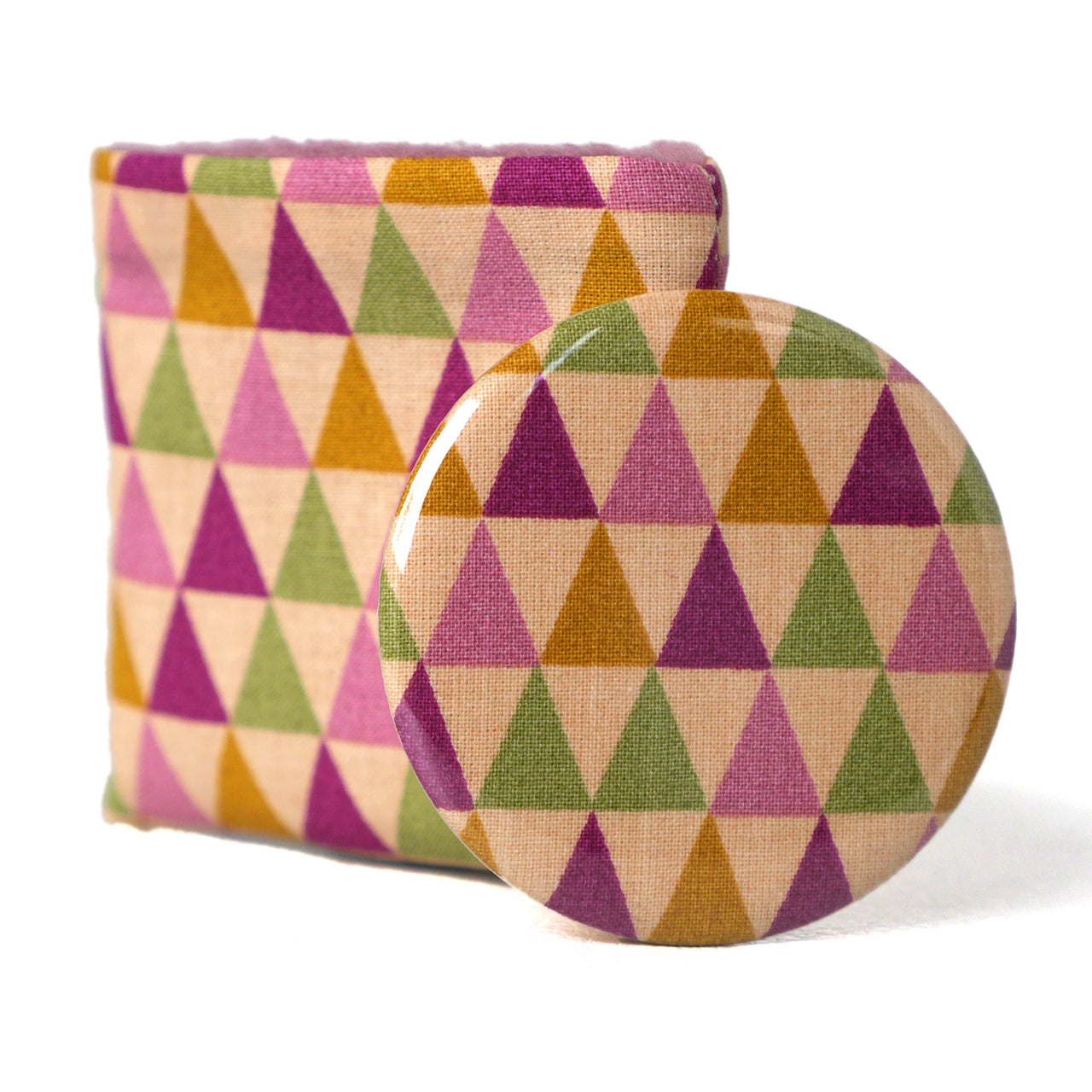 Miroir de poche rond 56mm et son étui tissu formes géométriques triangles colorés