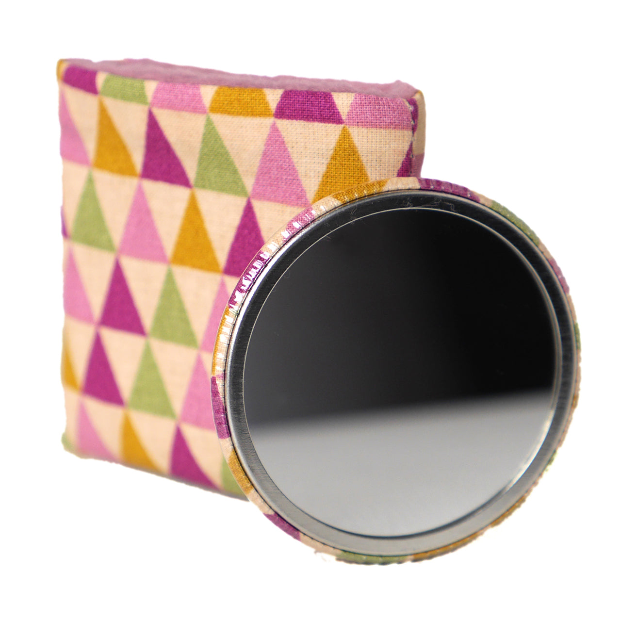 Miroir de poche rond 56mm et son étui tissu formes géométriques triangles colorés