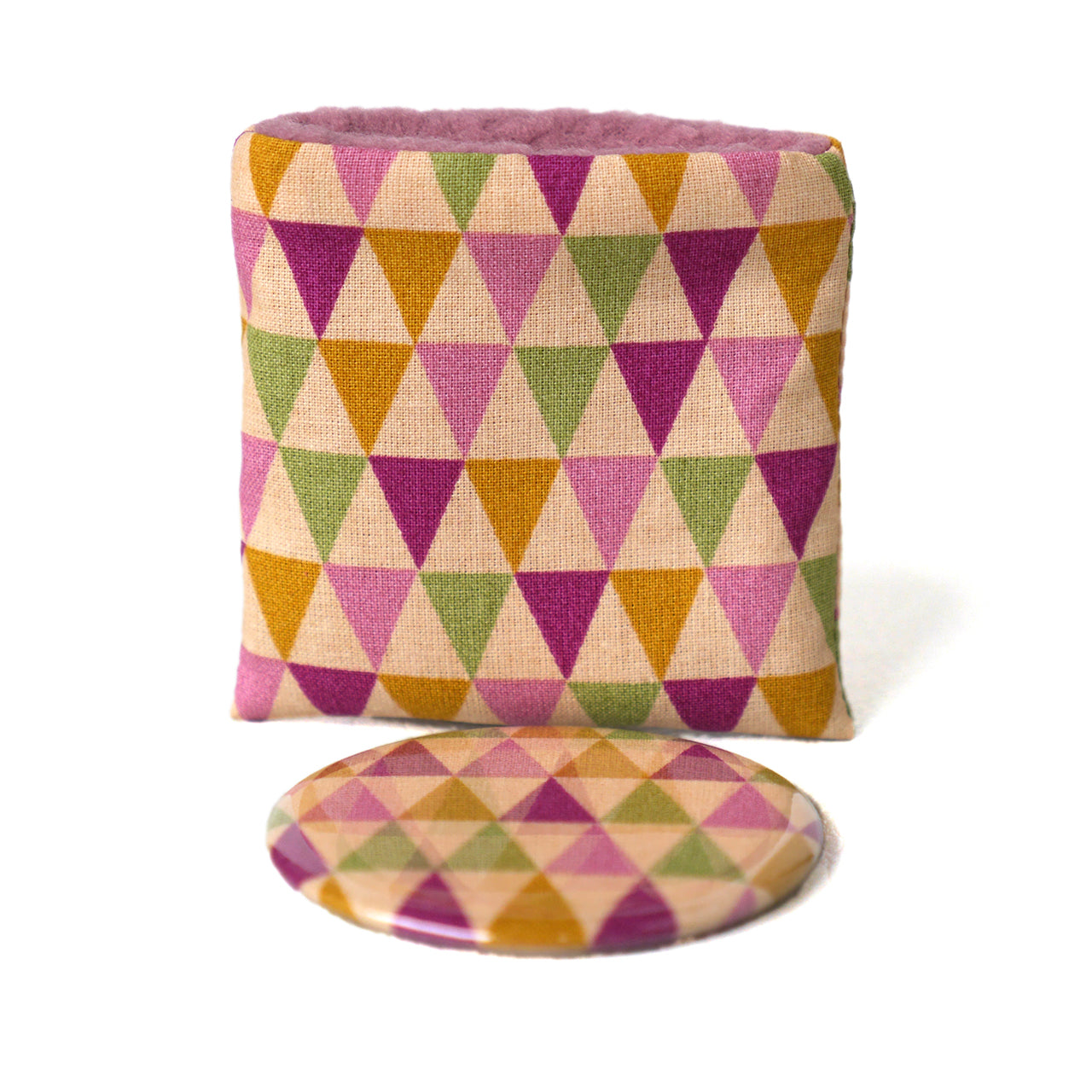Miroir de poche rond 56mm et son étui tissu formes géométriques triangles colorés