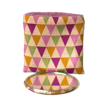 Miroir de poche rond 56mm et son étui tissu formes géométriques triangles colorés