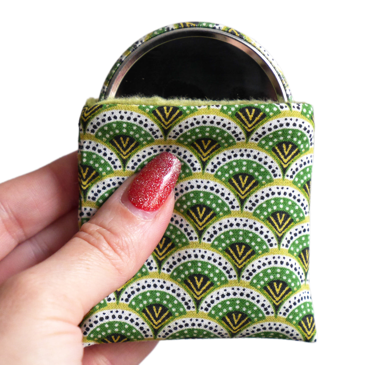 56mm round pocket mirror and matching case in green scale-patterned fabric