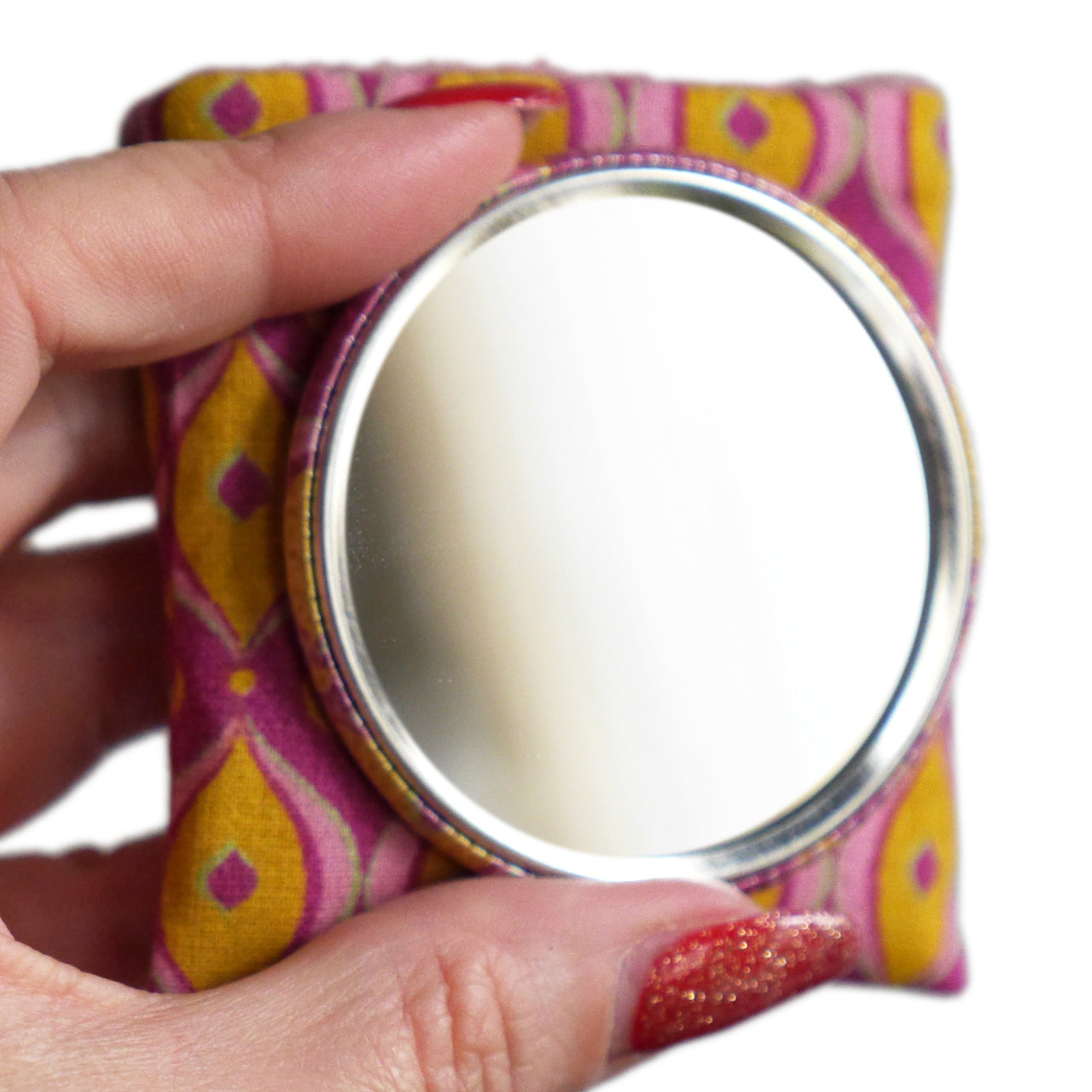 Miroir de poche rond 56mm et son étui tissu formes géométriques rose et jaune cadeau femme