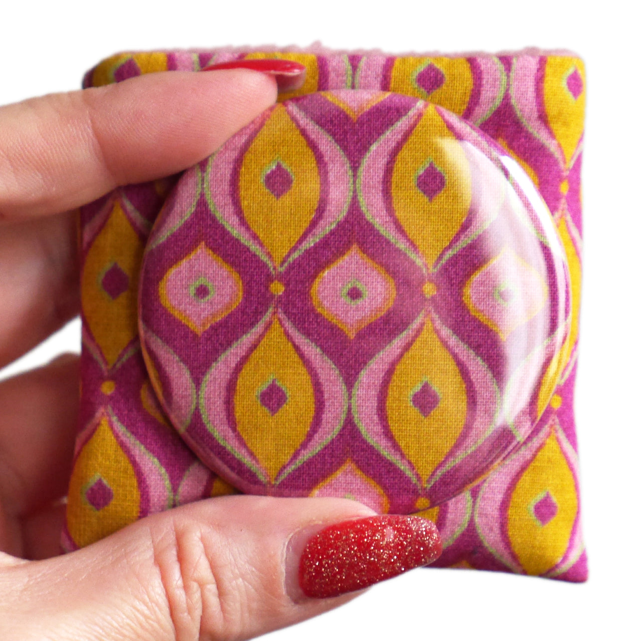 Miroir de poche rond 56mm et son étui tissu formes géométriques rose et jaune cadeau femme