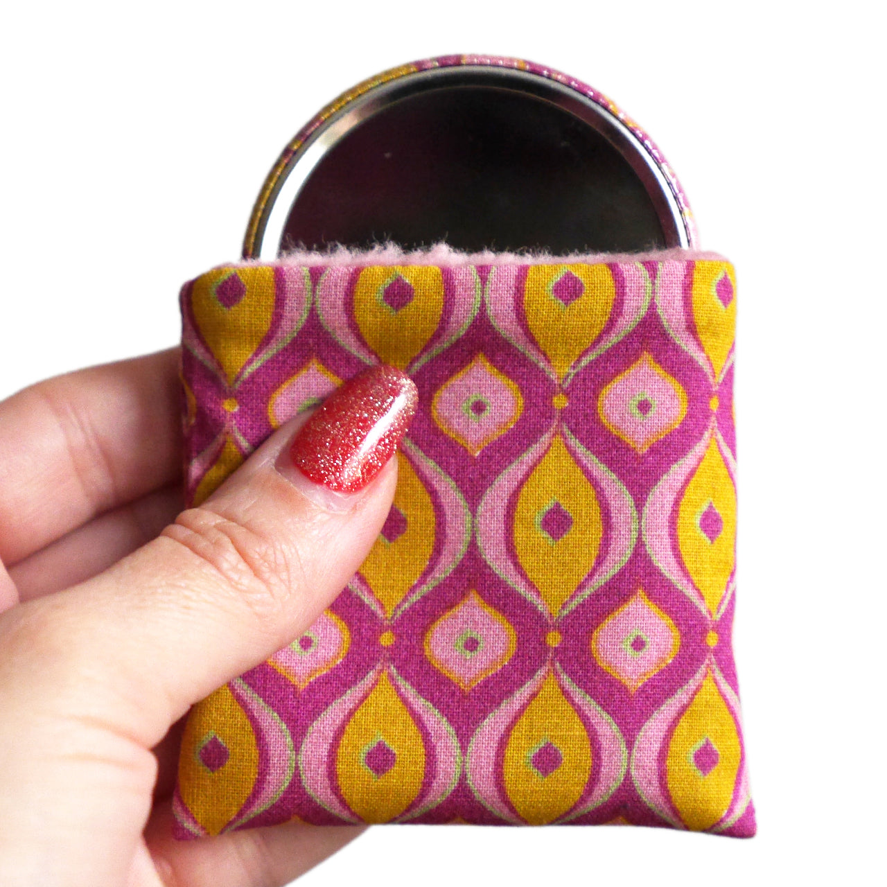 Miroir de poche rond 56mm et son étui tissu formes géométriques rose et jaune cadeau femme