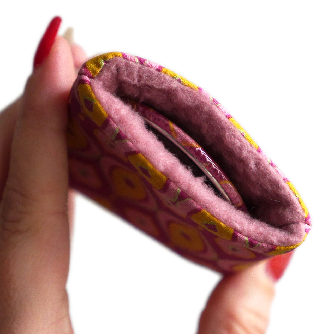 Miroir de poche rond 56mm et son étui tissu formes géométriques rose et jaune cadeau femme