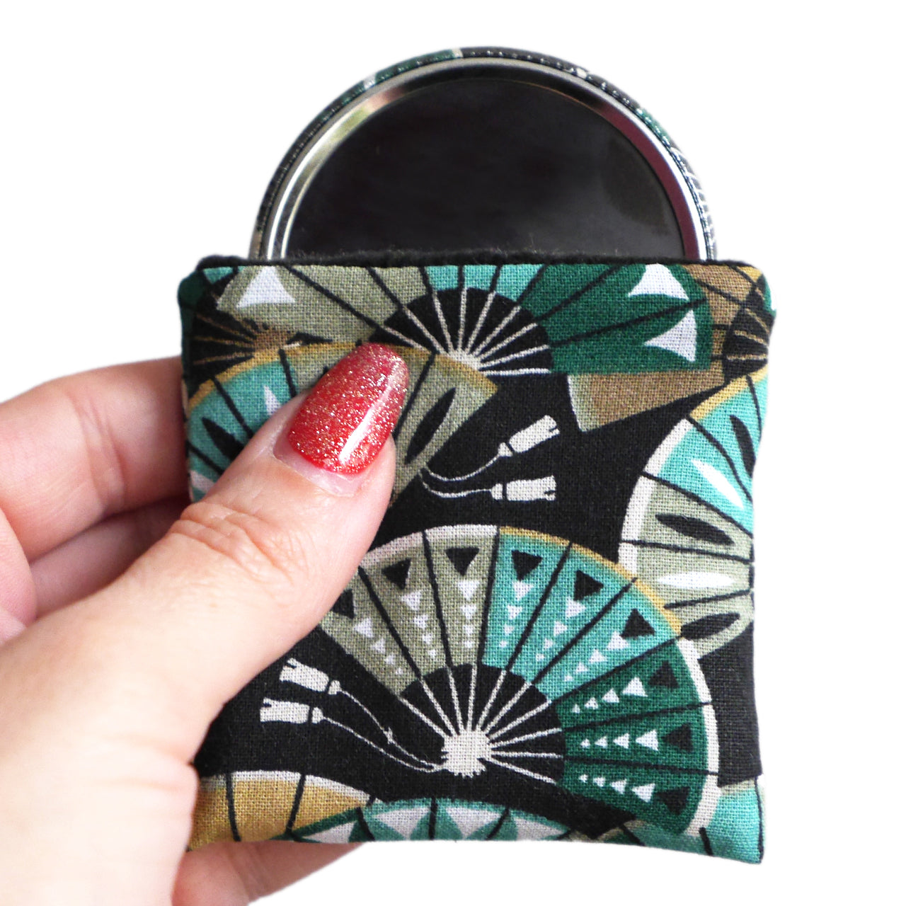Miroir de poche rond 56mm et son étui assorti en tissu motifs gros éventails japonais bleu vert noir