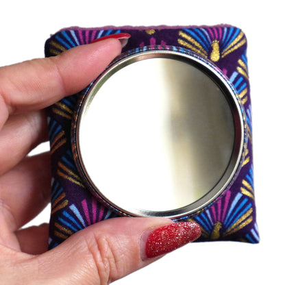 56mm round pocket mirror and matching case in gold and purple peacock pattern fabric