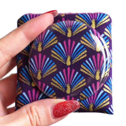 56mm round pocket mirror and matching case in gold and purple peacock pattern fabric