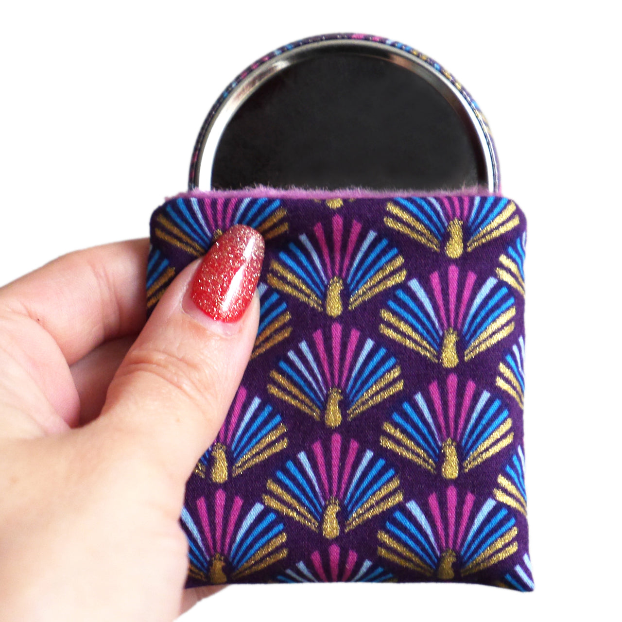 56mm round pocket mirror and matching case in gold and purple peacock pattern fabric