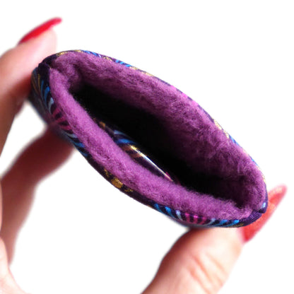 56mm round pocket mirror and matching case in gold and purple peacock pattern fabric
