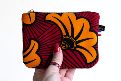 Porte-monnaie format carte identité en tissu wax fleurs de mariage rouge et orange