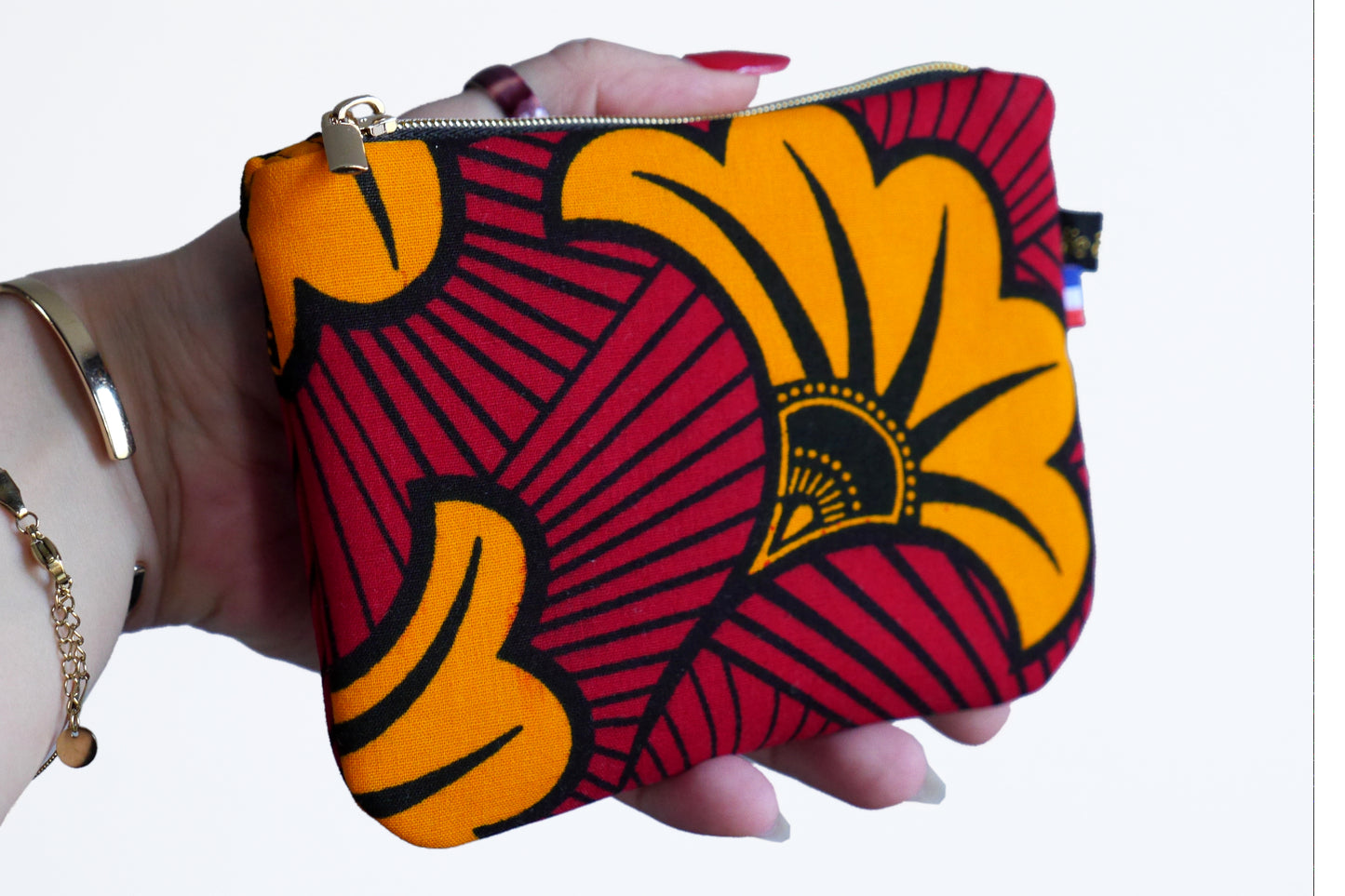 Porte-monnaie format carte identité en tissu wax fleurs de mariage rouge et orange