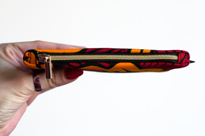 Porte-monnaie format carte identité en tissu wax fleurs de mariage rouge et orange