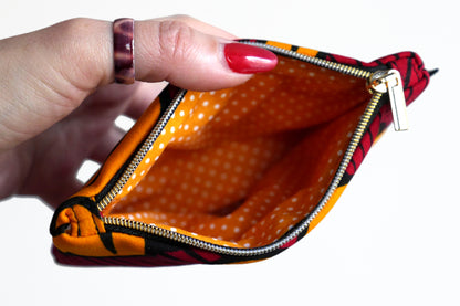 Porte-monnaie format carte identité en tissu wax fleurs de mariage rouge et orange