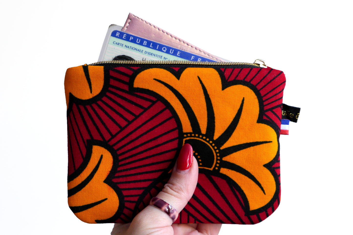 Porte-monnaie format carte identité en tissu wax fleurs de mariage rouge et orange