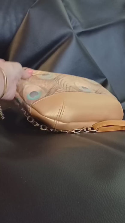 Sac à main velours paon et simili cuir avec bandoulière réglable