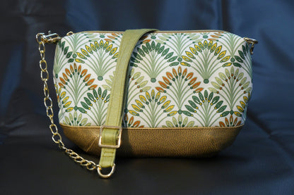 Sac à main tissu enduit imperméable palmiers et simili cuir doré avec bandoulière réglable