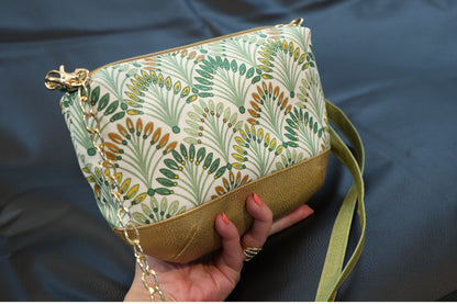 Sac à main tissu enduit imperméable palmiers et simili cuir doré avec bandoulière réglable