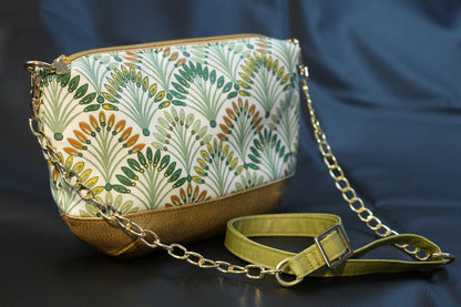 Sac à main tissu enduit imperméable palmiers et simili cuir doré avec bandoulière réglable