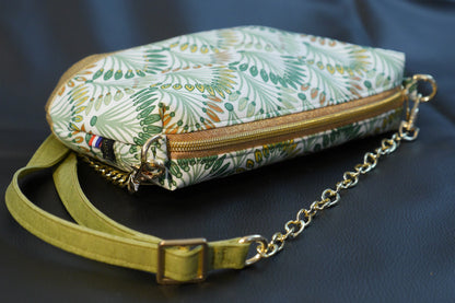 Sac à main tissu enduit imperméable palmiers et simili cuir doré avec bandoulière réglable