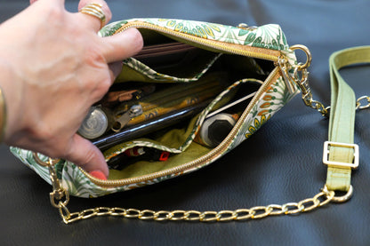 Sac à main tissu enduit imperméable palmiers et simili cuir doré avec bandoulière réglable