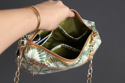 Sac à main tissu enduit imperméable palmiers et simili cuir doré avec bandoulière réglable