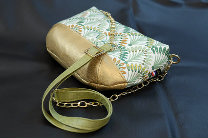 Sac à main tissu enduit imperméable palmiers et simili cuir doré avec bandoulière réglable