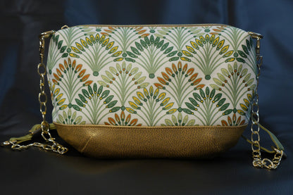 Sac à main tissu enduit imperméable palmiers et simili cuir doré avec bandoulière réglable