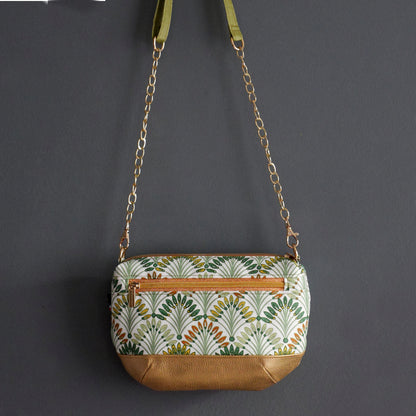 Sac à main tissu enduit imperméable palmiers et simili cuir doré avec bandoulière réglable