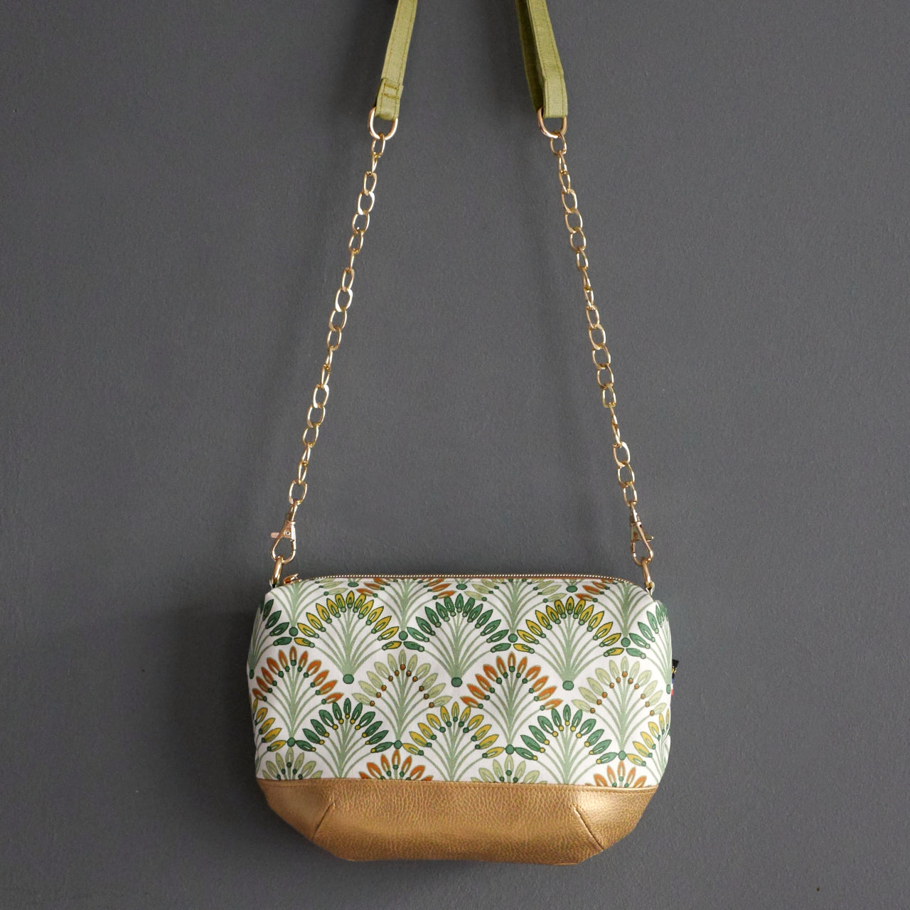 Sac à main tissu enduit imperméable palmiers et simili cuir doré avec bandoulière réglable