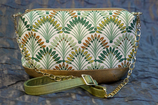 Sac à main tissu enduit imperméable palmiers et simili cuir doré avec bandoulière réglable