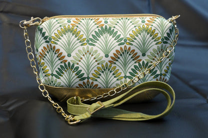 Sac à main tissu enduit imperméable palmiers et simili cuir doré avec bandoulière réglable