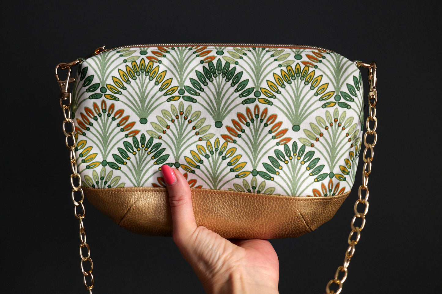 Sac à main tissu enduit imperméable palmiers et simili cuir doré avec bandoulière réglable