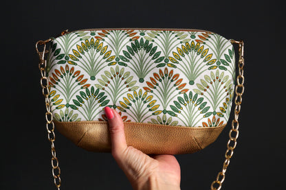 Sac à main tissu enduit imperméable palmiers et simili cuir doré avec bandoulière réglable